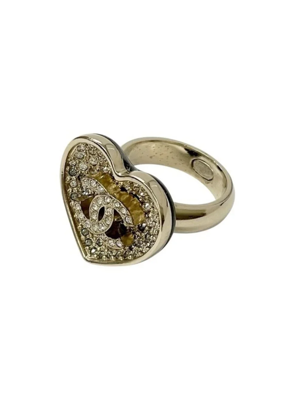 Chanel Ring Gold Black Coco Mark Heart Rhinestone